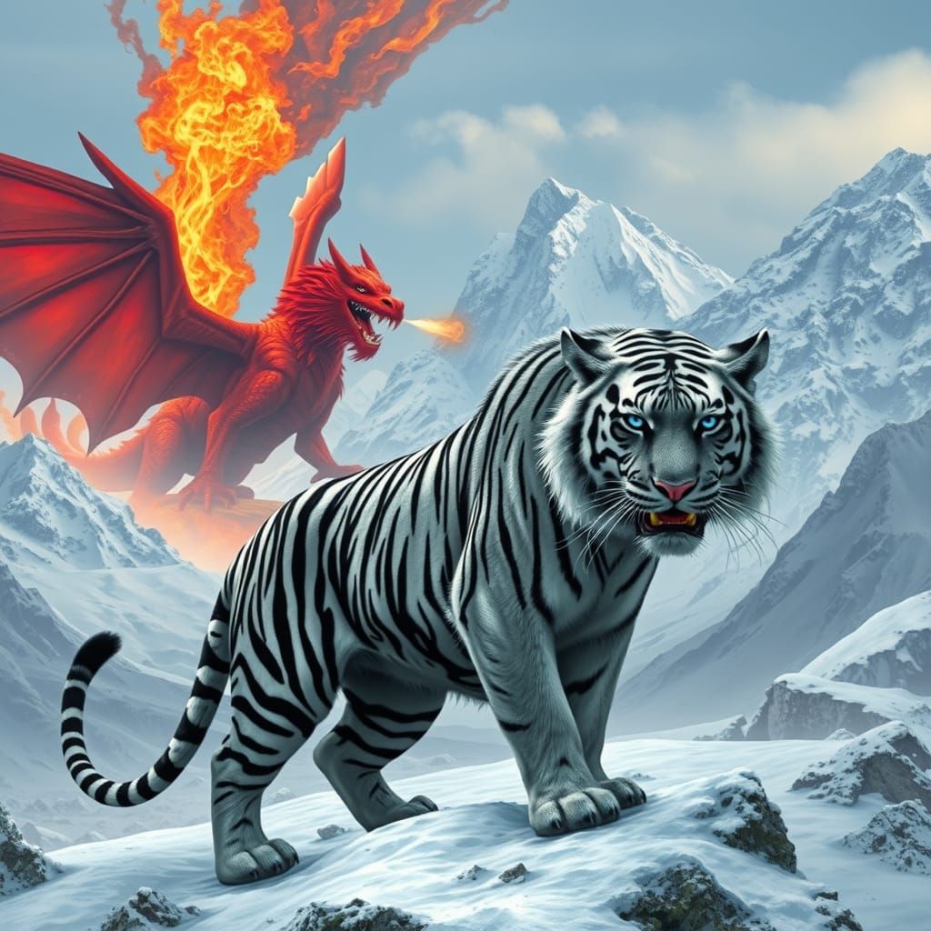 Winged Tiger and Dragon in Snowy Landscape