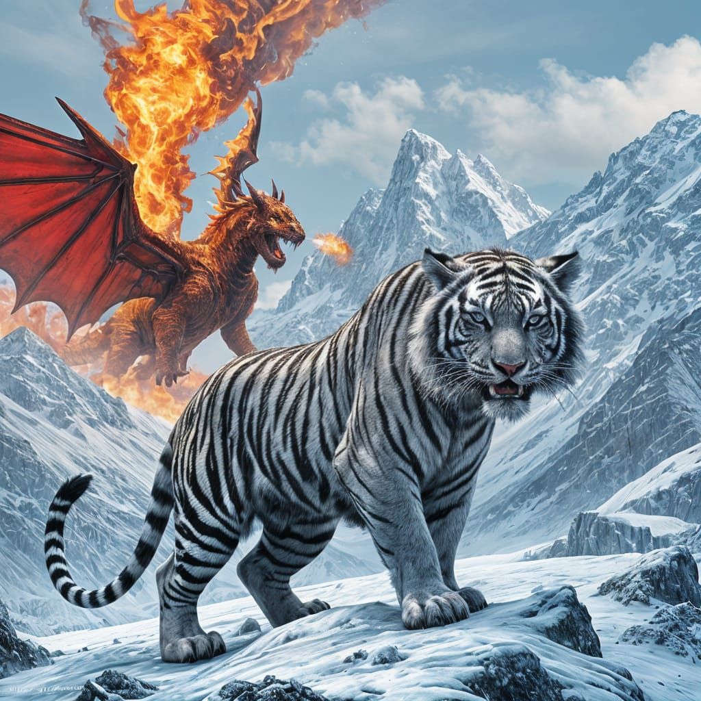 Winged Tiger Breathes Fire in Icy Dragonscape