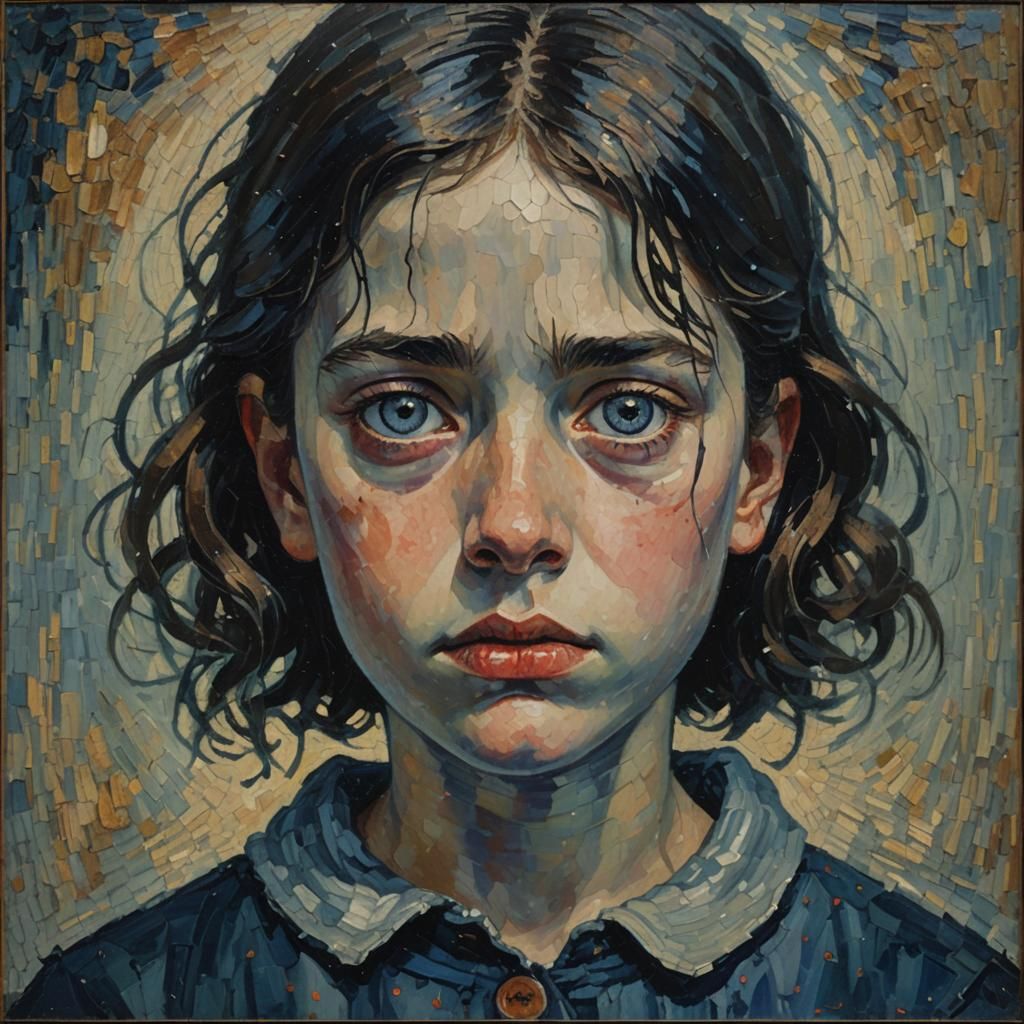 Haunting Portrait of Girl with Tears: Pointillism Style