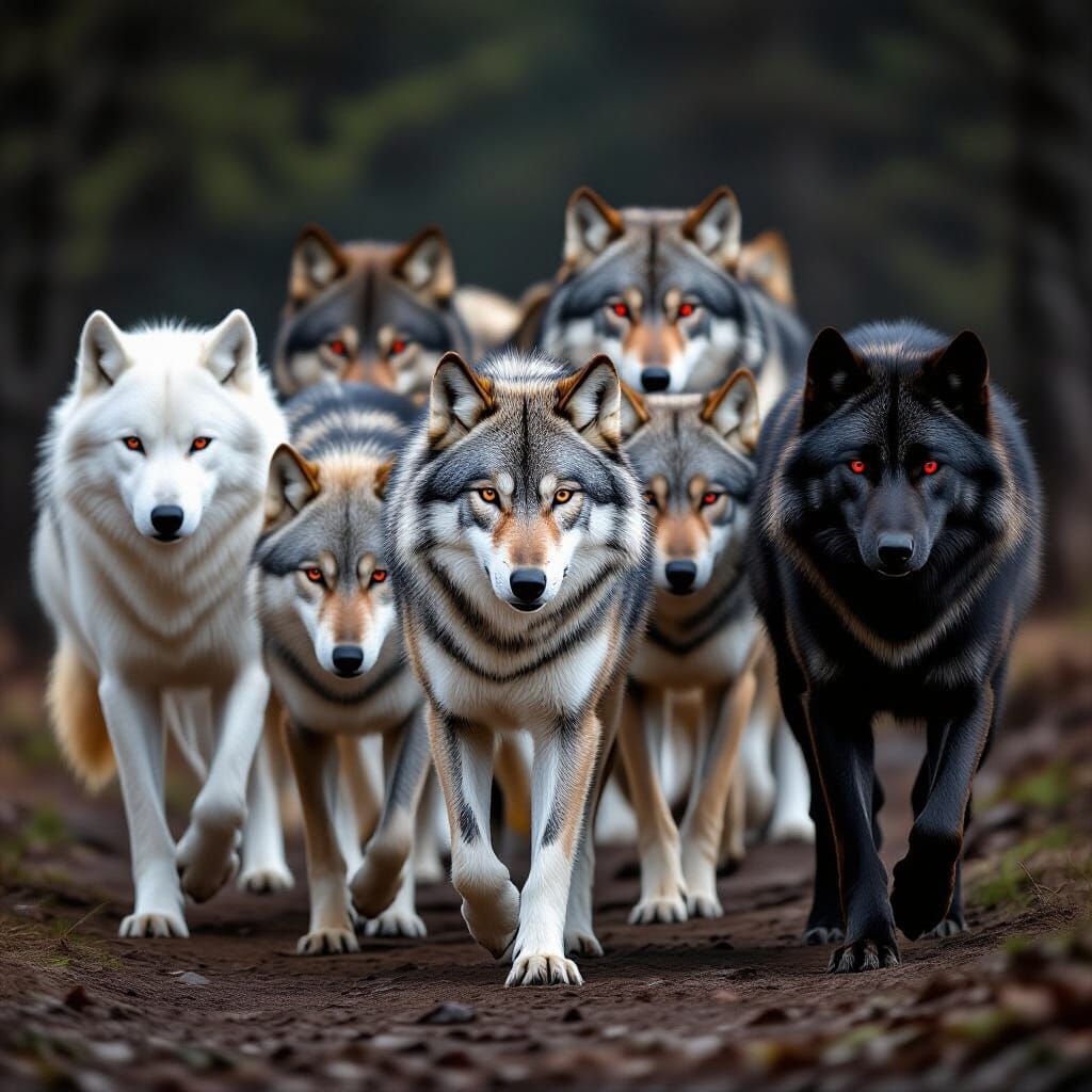 Determined Wolves with Red Eyes Approach Out of Darkness