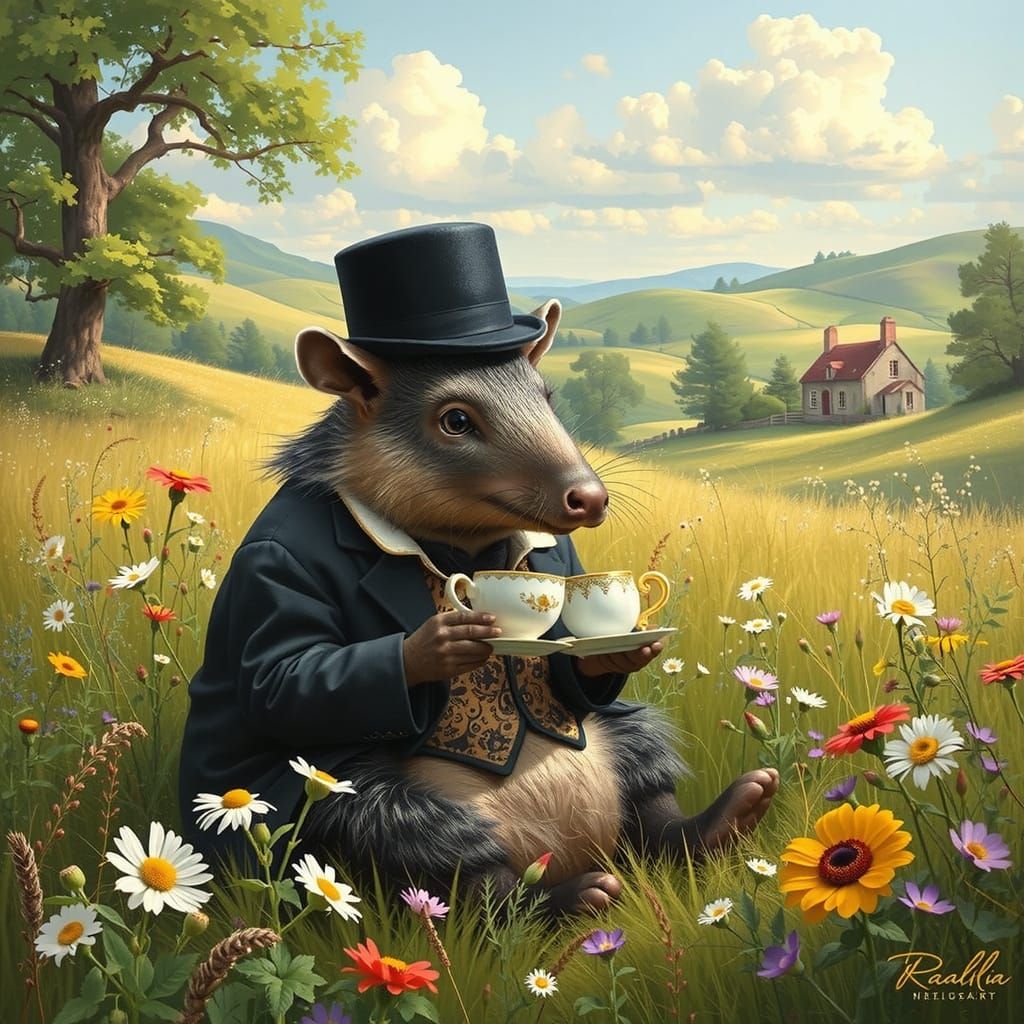 Aardvark Sipping Tea in Sun-Dappled Meadow