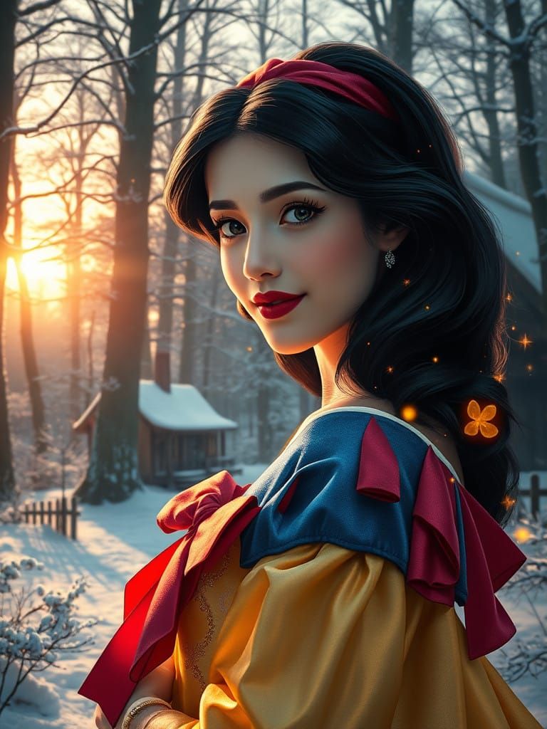 Snow White in Enchanted Snowy Forest with Warm Sunlight