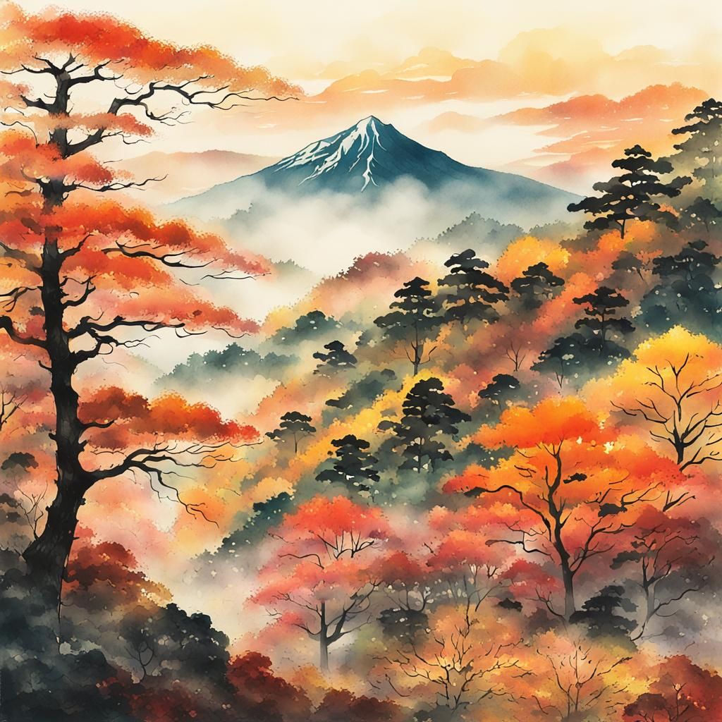 Autumn Landscape in Japanese Ink Brushwork Style