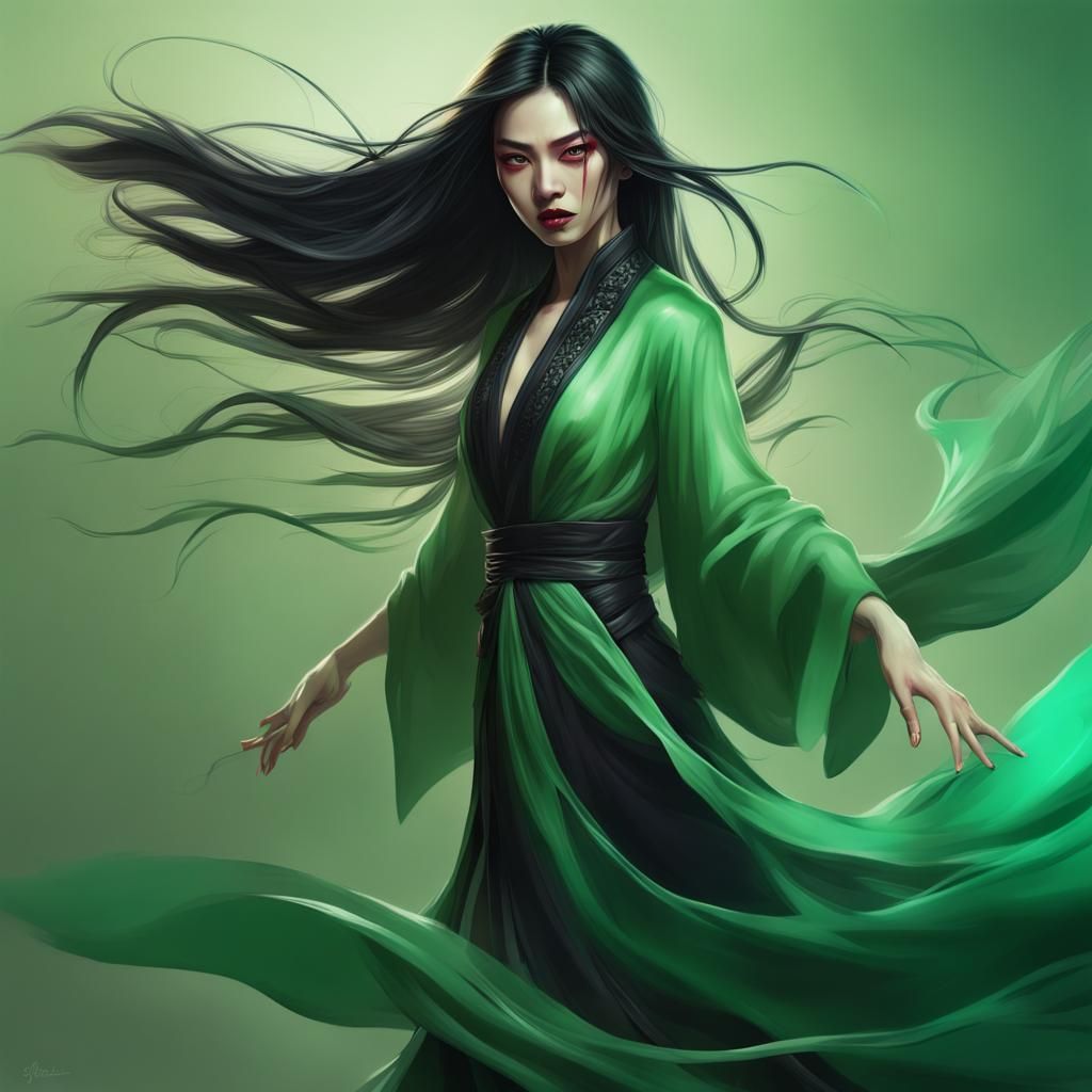 Beautiful Chinese Vampire in Silk Dress