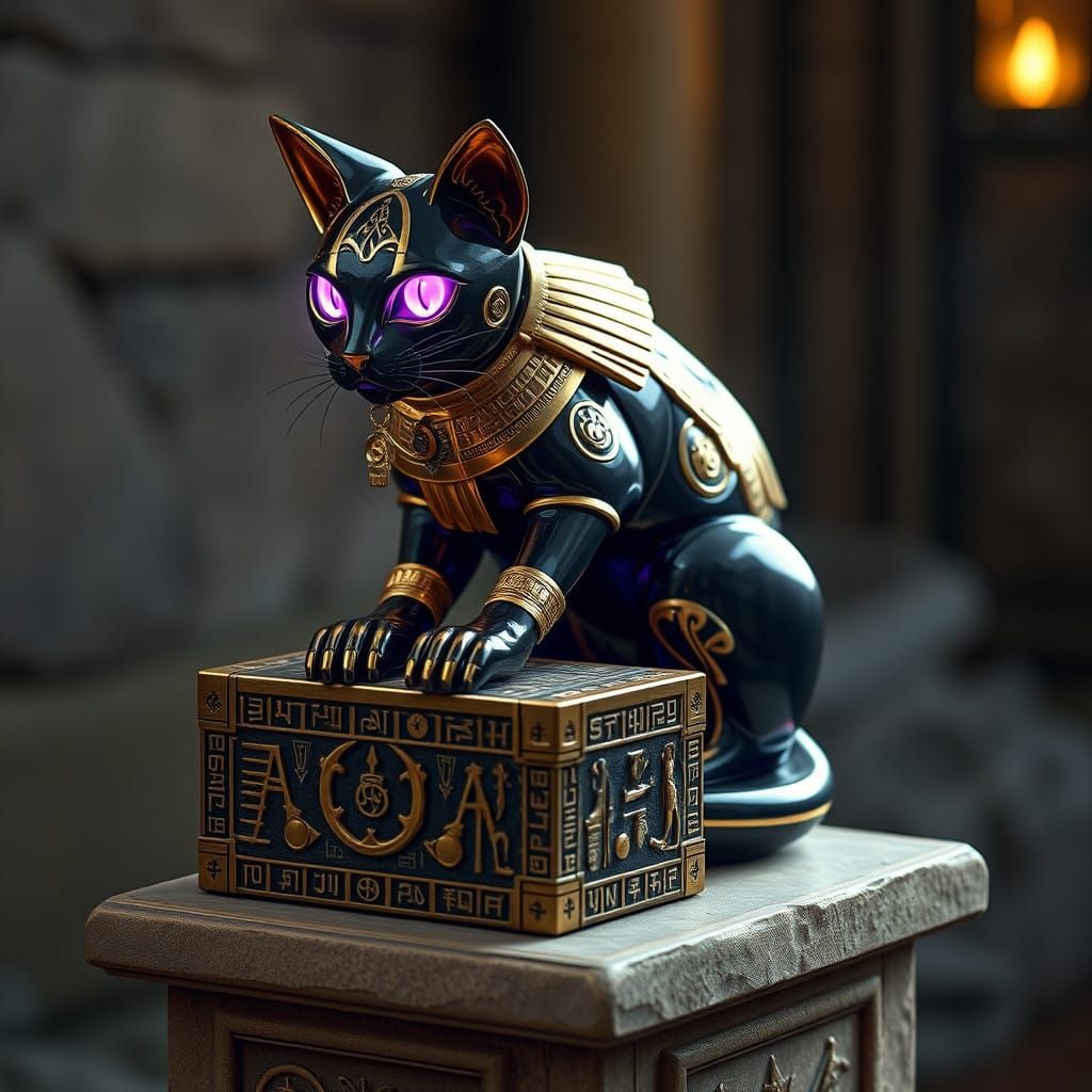 Egyptian-Style Gold Cat Statuette with Ethereal Glow