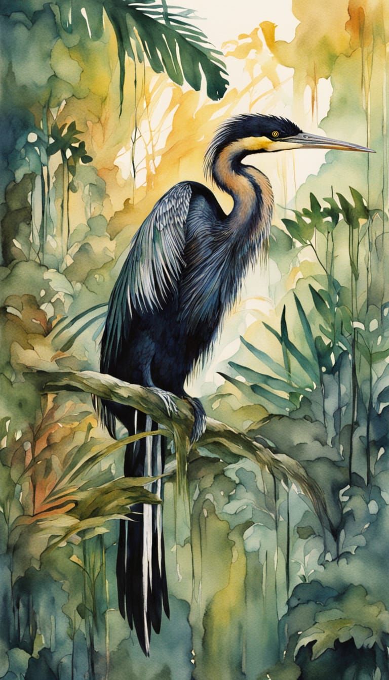 Surreal Jungle Scene with Anhinga and Glowing Relic in Water...