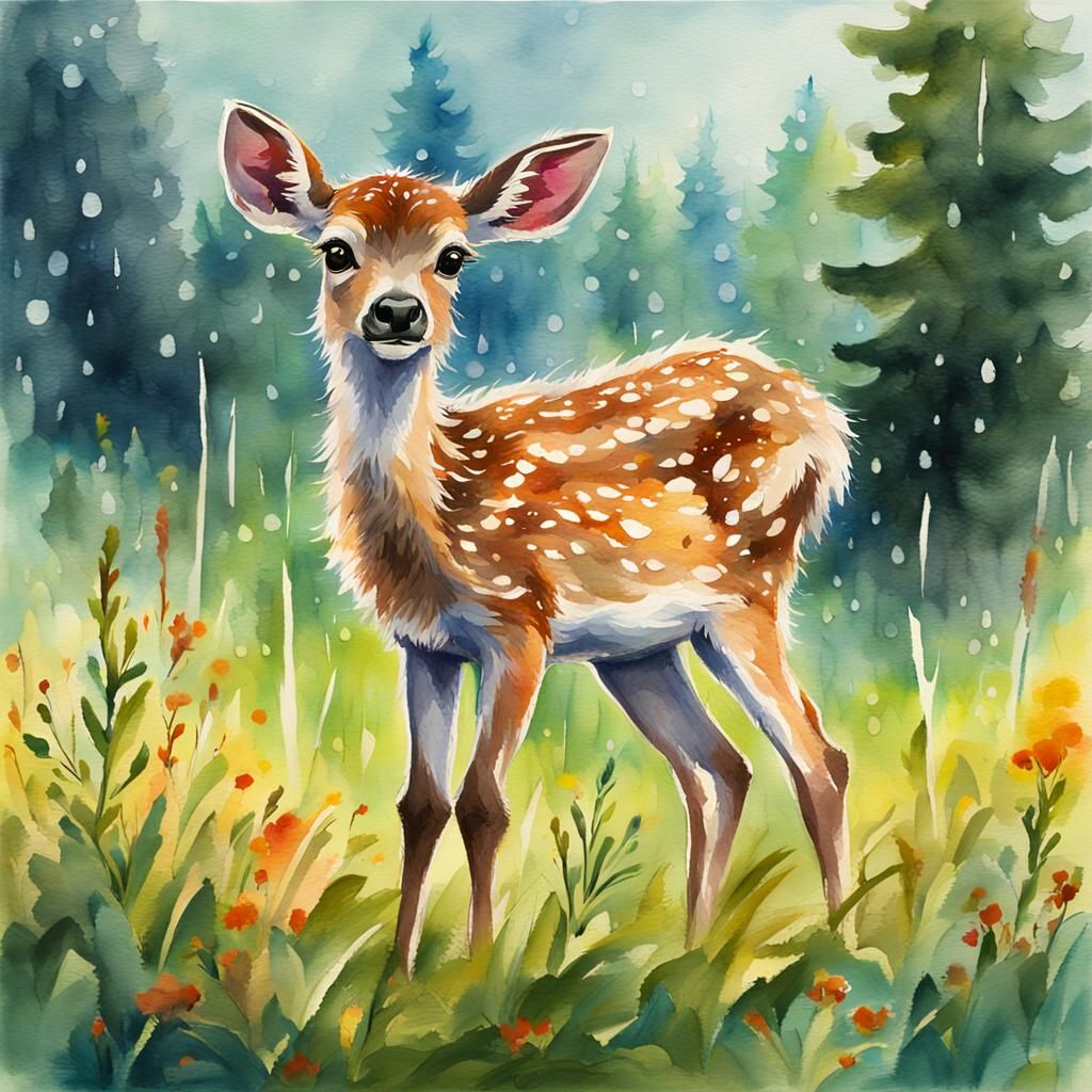 Whimsical Fawn in Rainy Field: Gouache Watercolor