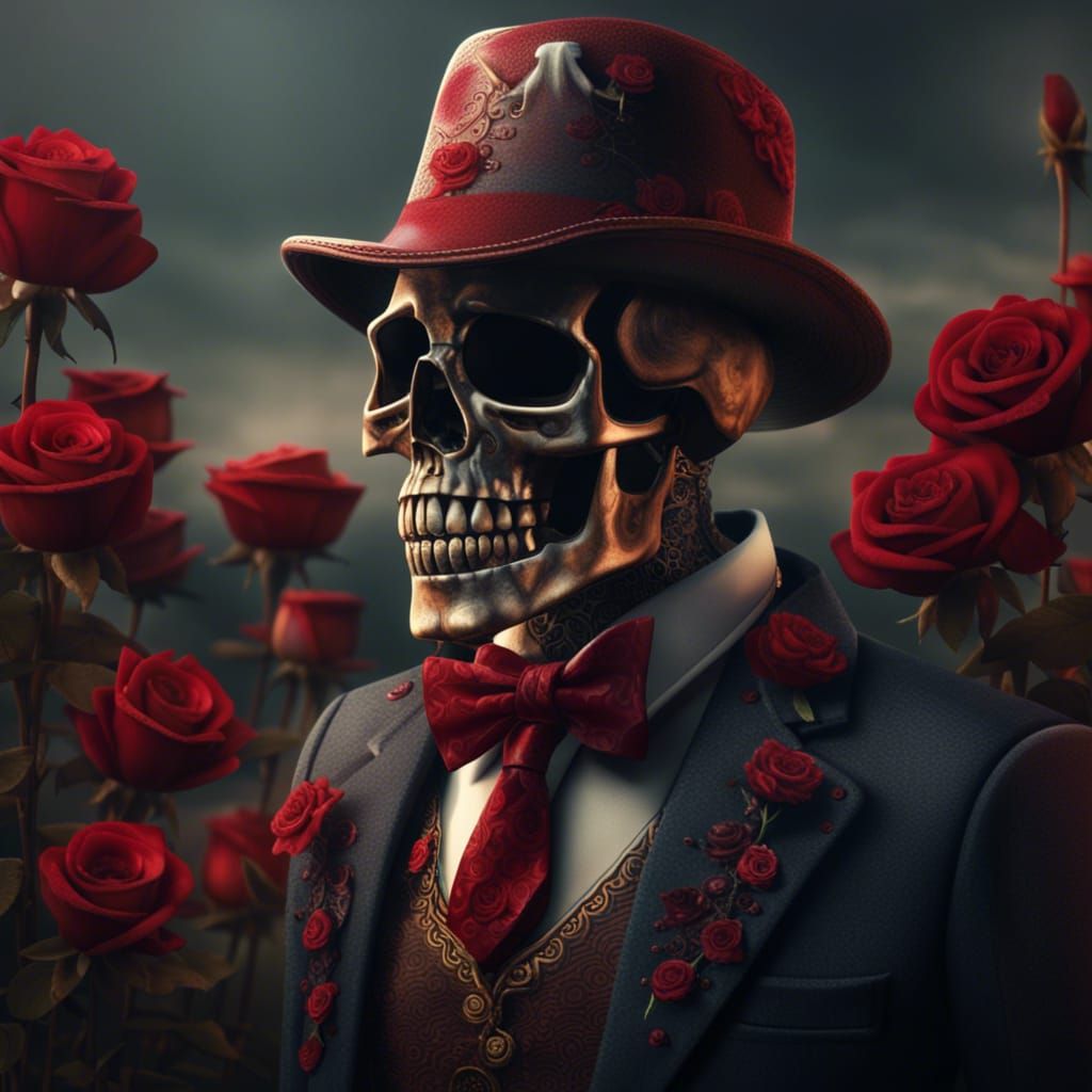 Skeleton in Fedora with Roses, Detailed 8K Render
