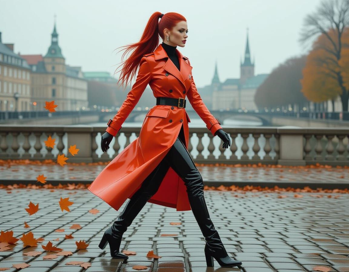 Crimson Ponytail Figure in Futuristic Cityscape
