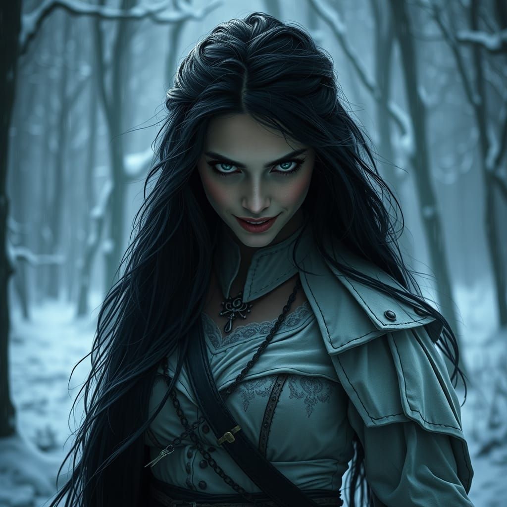 Menacing Woman Warrior in Snowy Forest