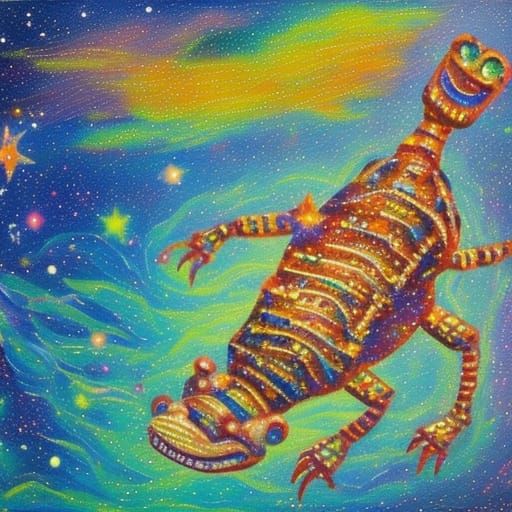 Robot Crocodile in Starry Space, Neo-Impressionist Painting