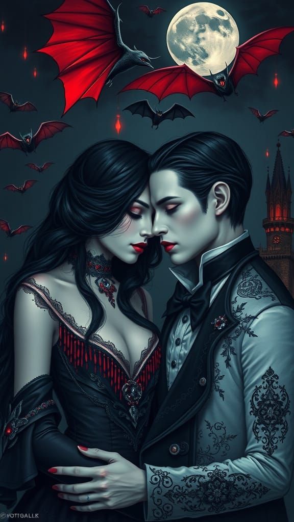 Victorian Vampire Couple Under Full Moon in Gothic Castle