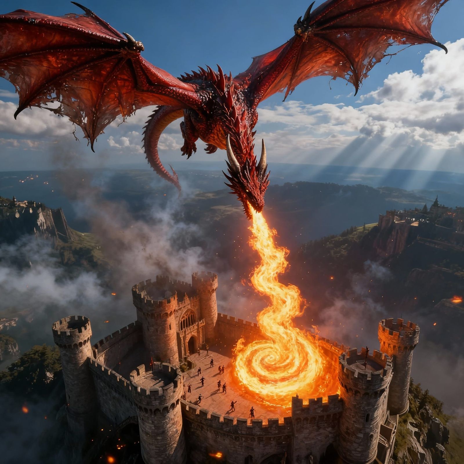 Crimson Dragon Attacks Medieval Castle with Fire