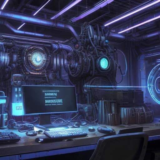 Cyborg at Steampunk Computer in Surreal Industrial Art