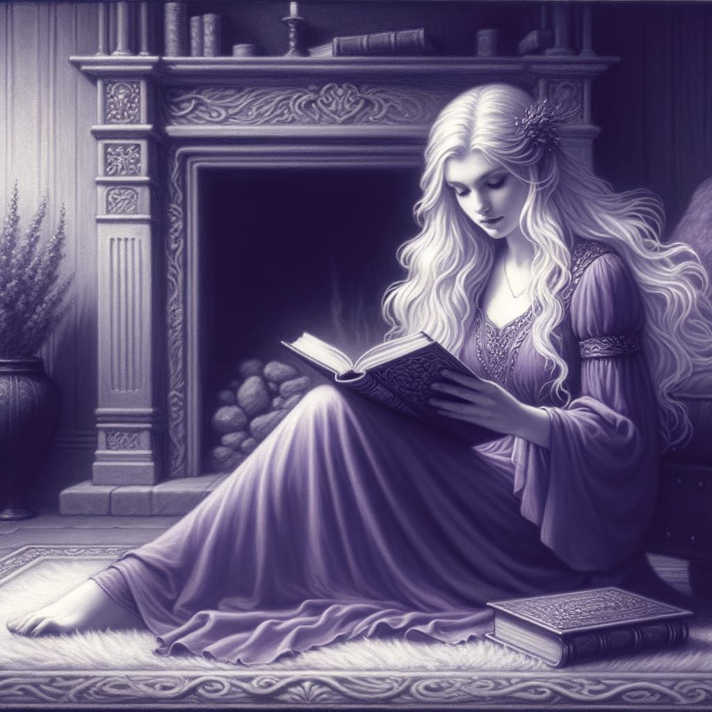 Norse Goddess Reading by Firelight in Lavender Hues