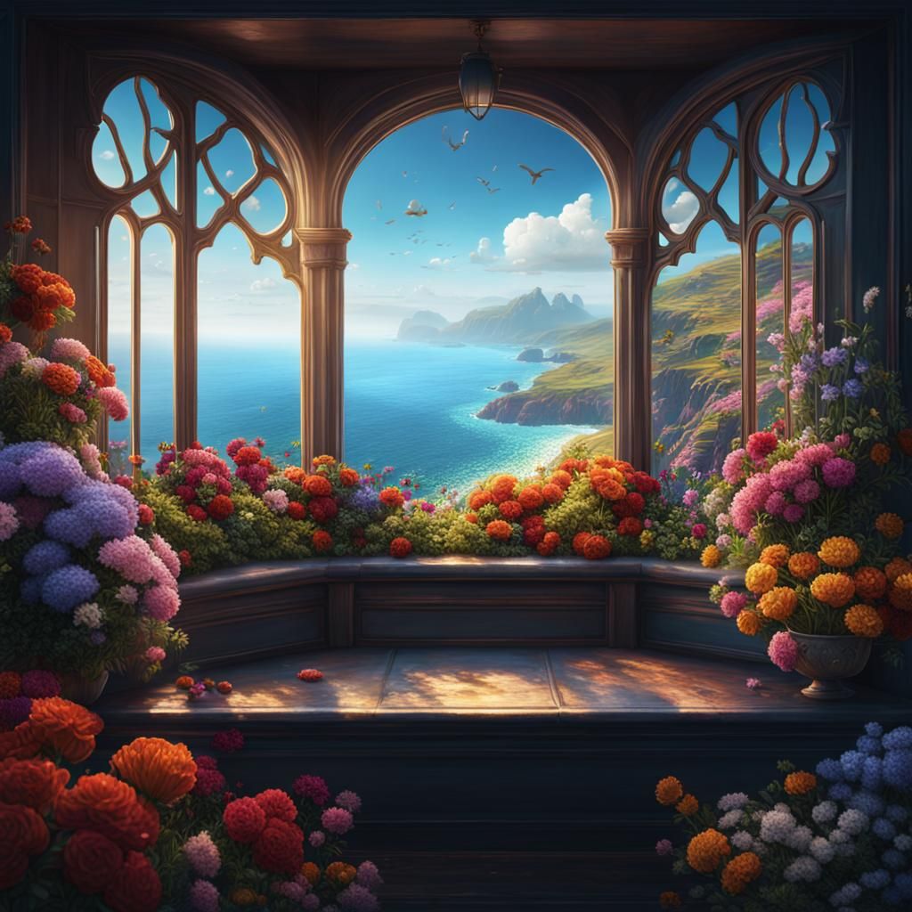 Colorful Flowers by the Sea: A Matte Painting