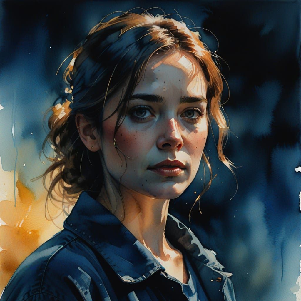 Moody Watercolor Portrait in Vibrant Blues and Gold