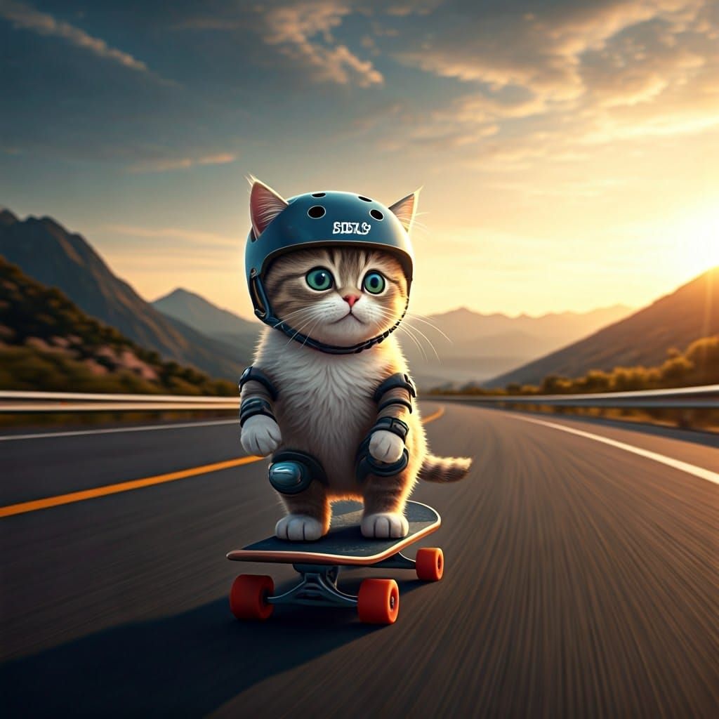 Furry Skateboarder Cruises Down a Winding Sunset Road in Cyb...