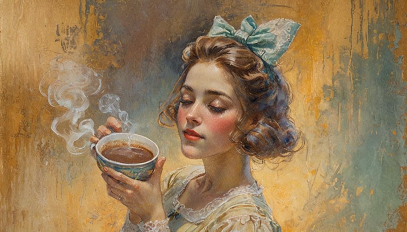 Girl Sipping Cocoa in Impressionist Art Nouveau Style