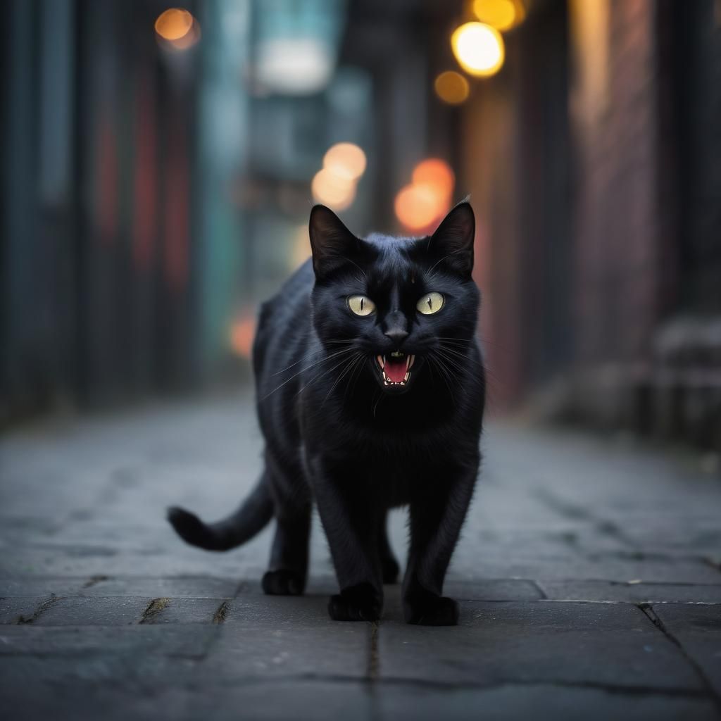 Scary Black Cat with Fangs in Bokeh Alley