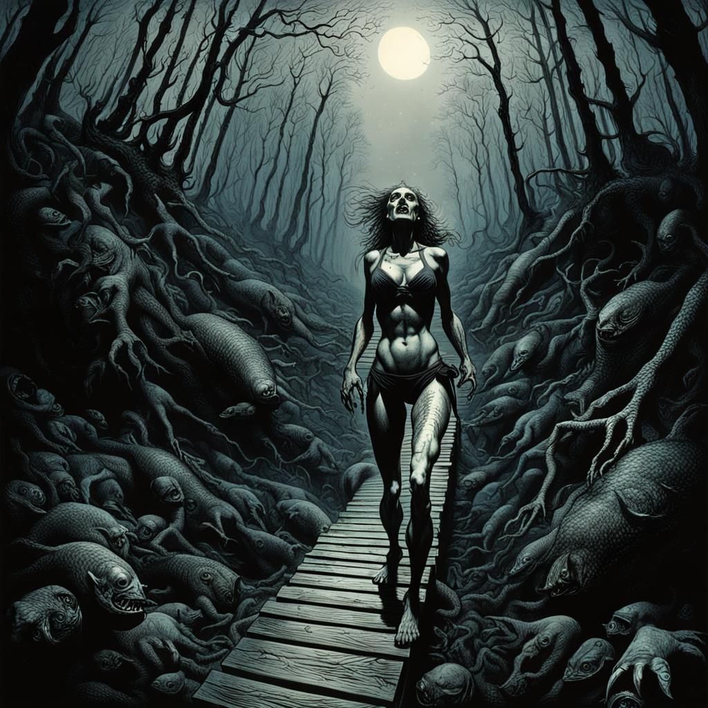 Bikini Athlete on Trail: Fisheye Lens, Dark Fantasy Style