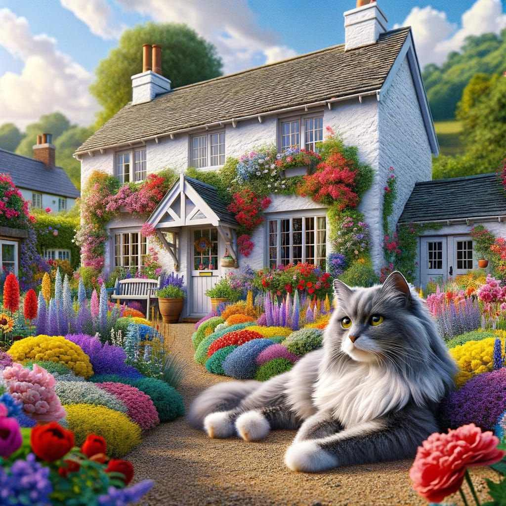 Joyful English Cottage with Cat in Vibrant Garden