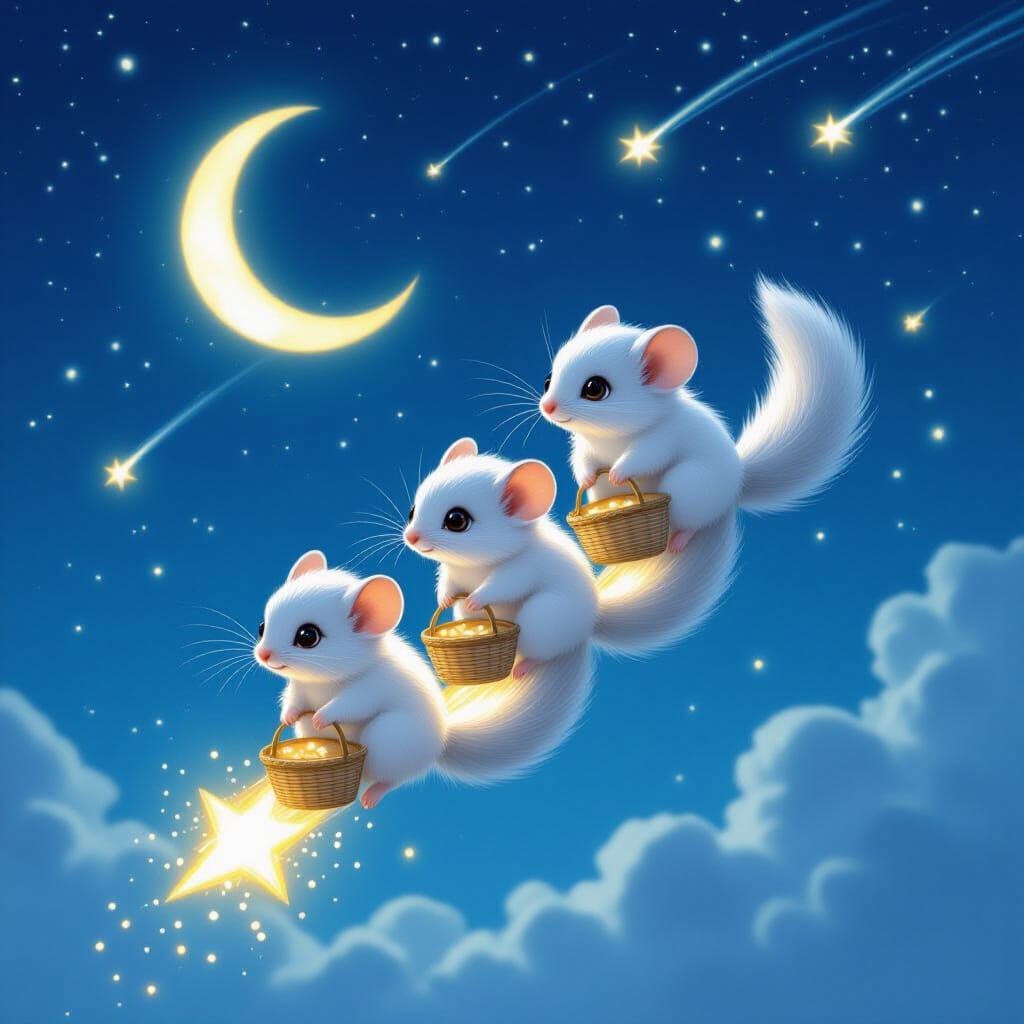 Silver Rodents Ride Shooting Stars Collecting Moon Crumbs