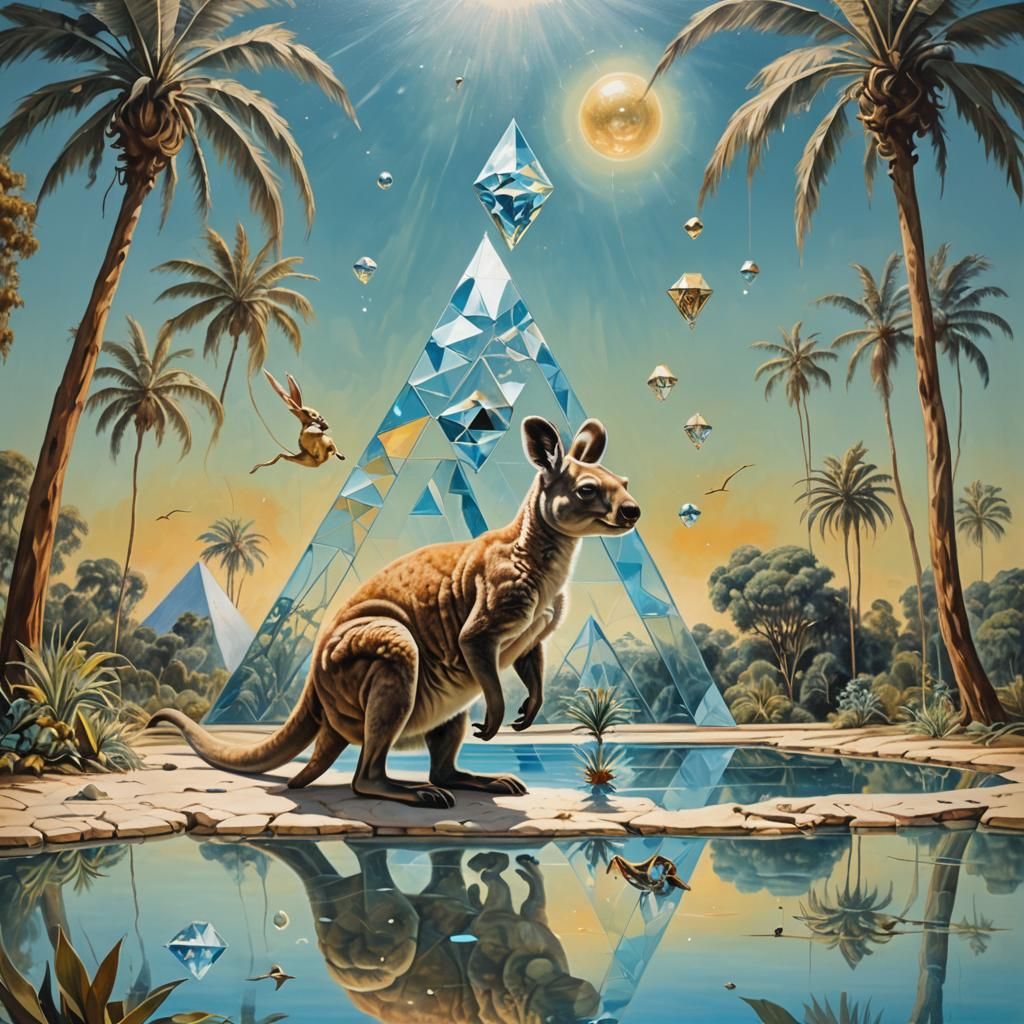 Surreal Winged Kangaroo Hopping Between Oasis and Galaxy