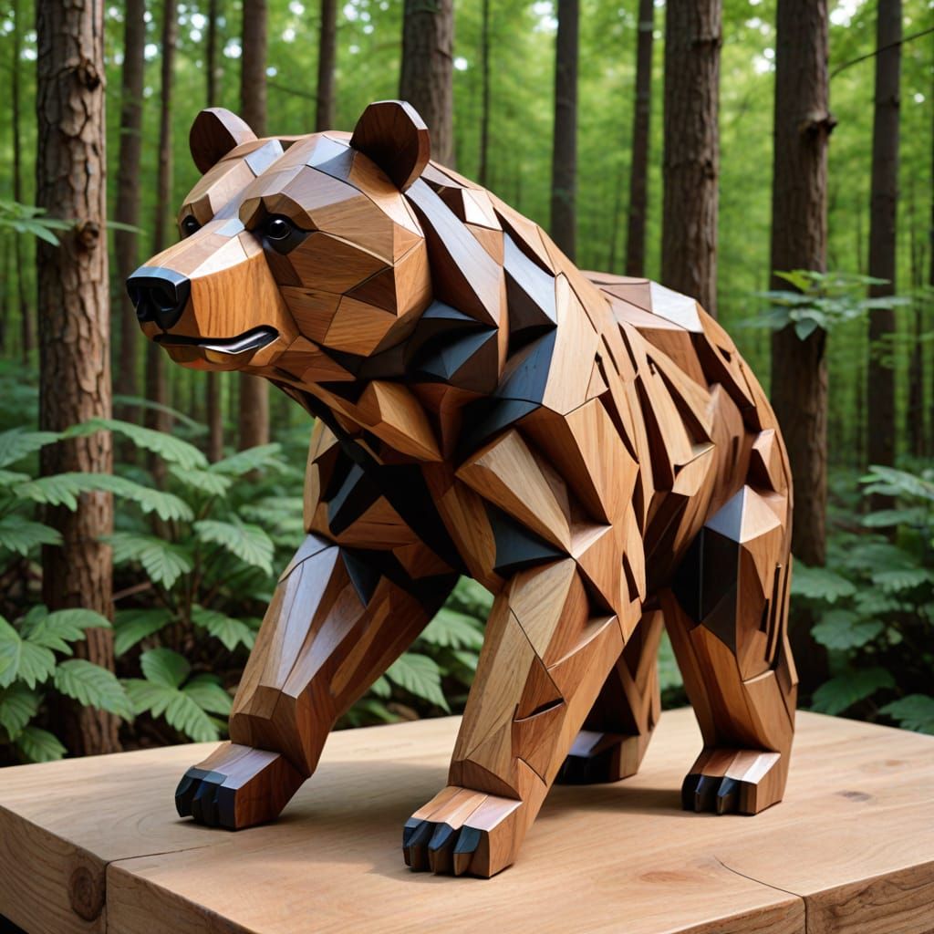 Geometric Bear Sculpture in Carved Wood