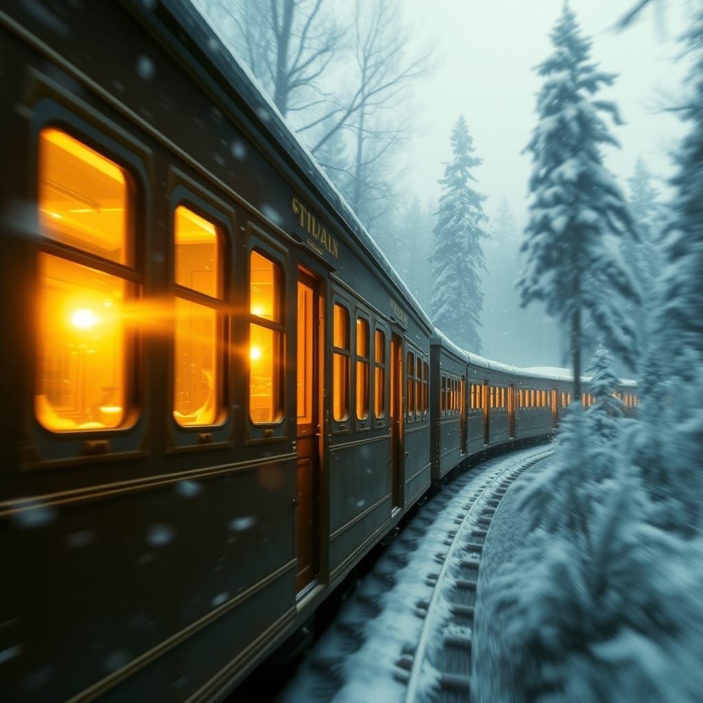Glowing Train Through Snowy Forest in Bierstadt Style