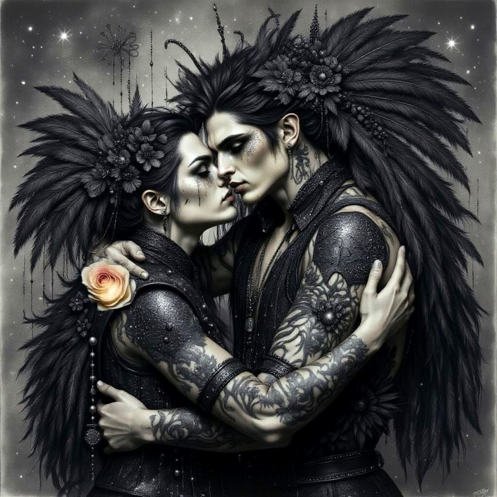 Gay Couple Kissing: Ethereal Gothic Pencil Drawing