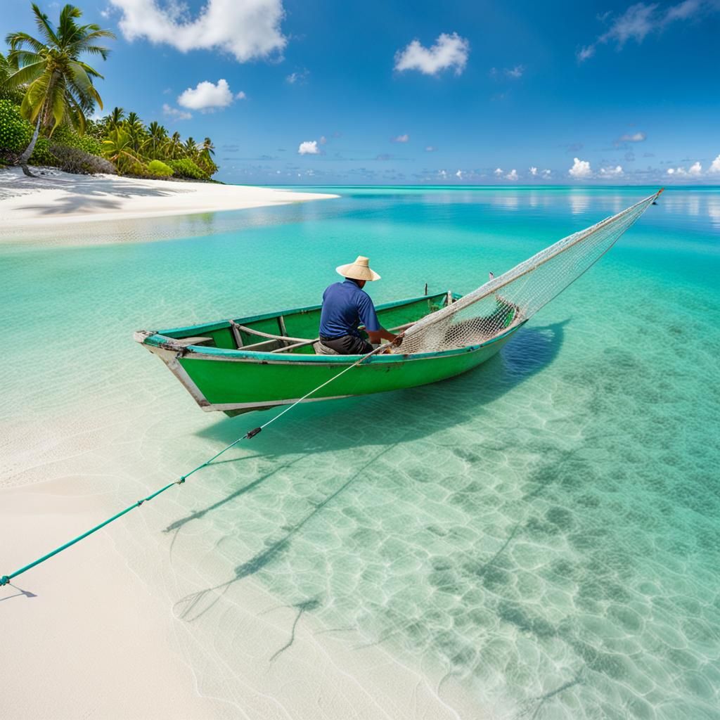 Fisherman on a Paradise Beach Expands His Net