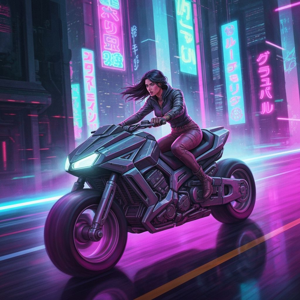 Woman on Hoverbike in Neon Cityscape Art