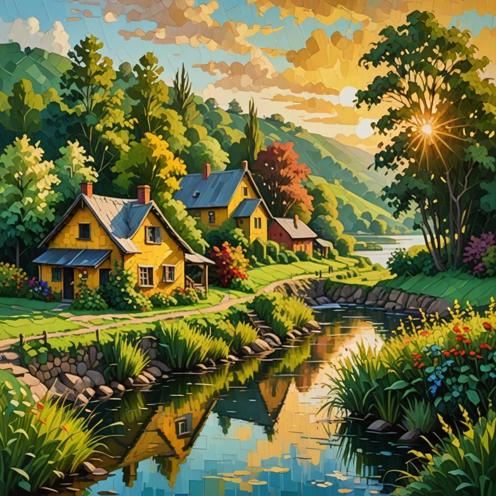 Surreal Village Landscape in Vibrant Impasto Style