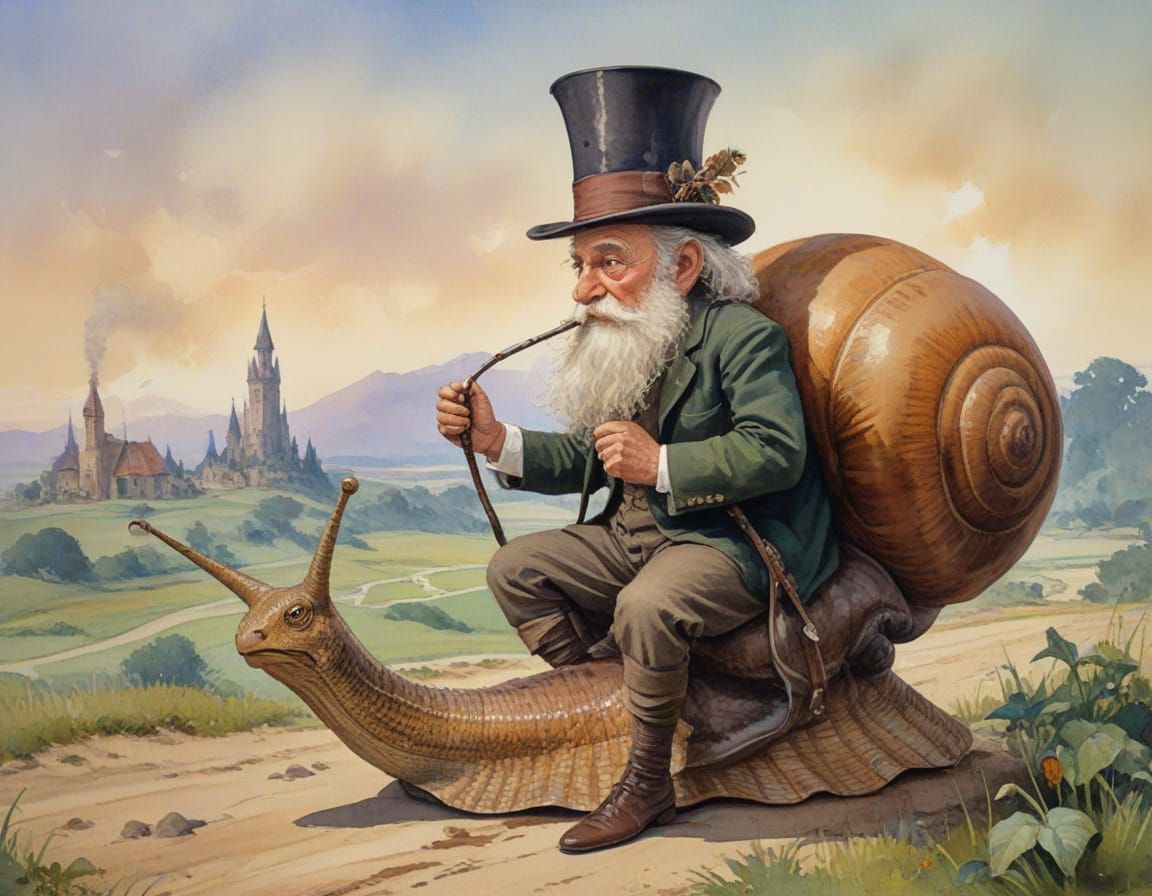Whimsical Old Man Rides Giant Snail in Gouache Style
