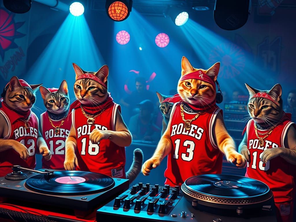 Hip-Hop Cats Party in Basquiat Street Art Style
