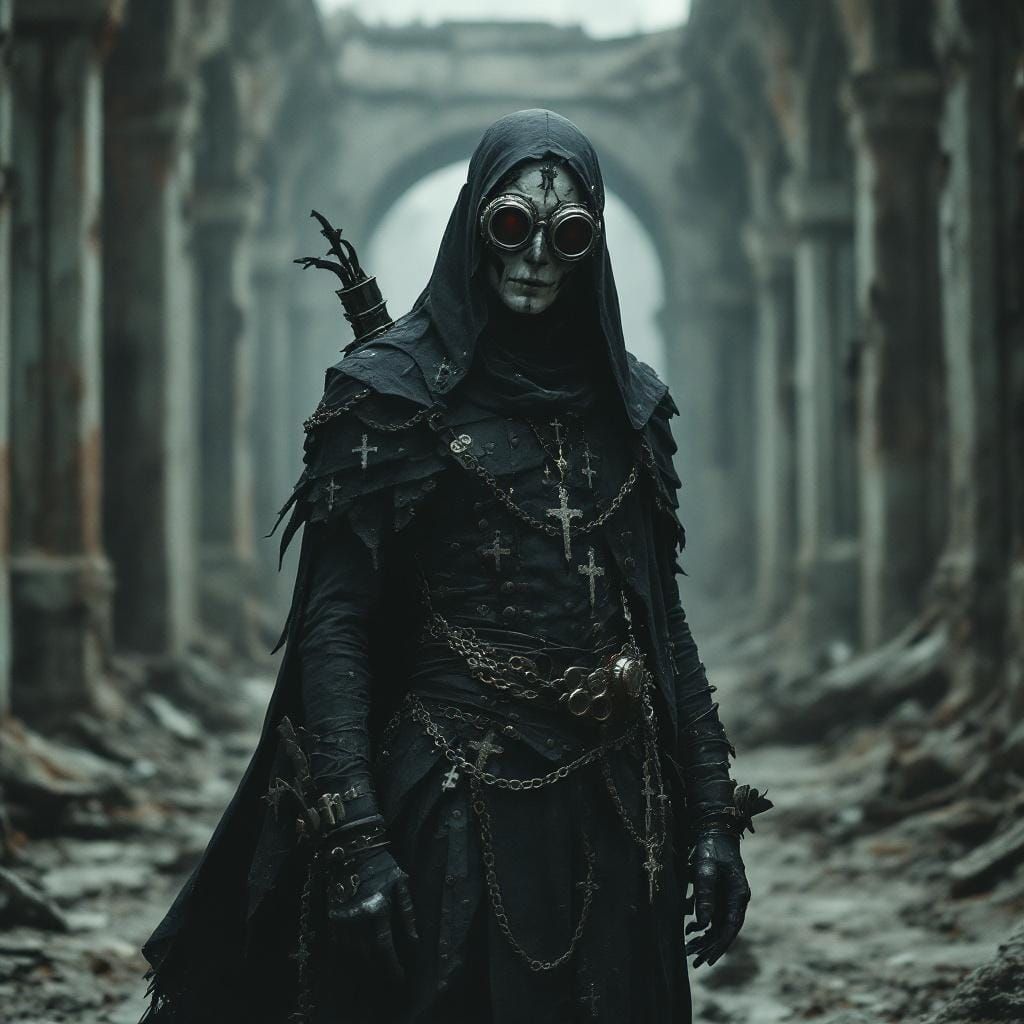 Gothic Steampunk Figure in Post-Apocalyptic Ruins
