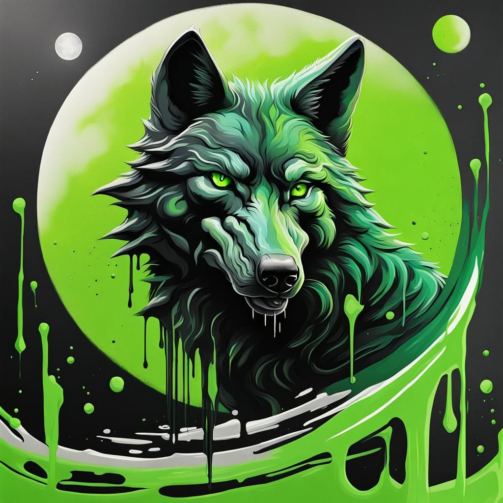 Green and Black Wolf Moon Graffiti Art