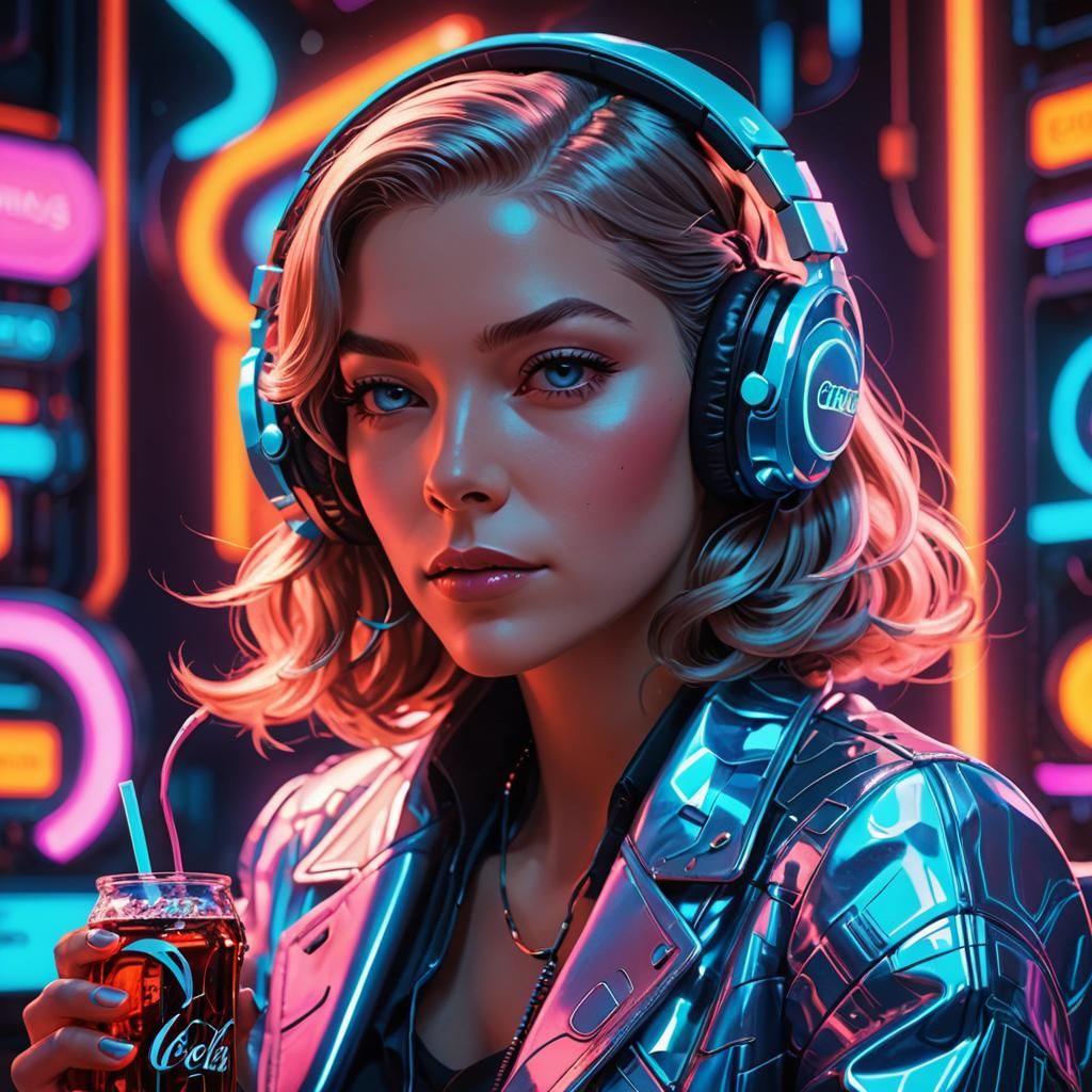 Retro-Futuristic Anime: Woman with Headphones and Coke