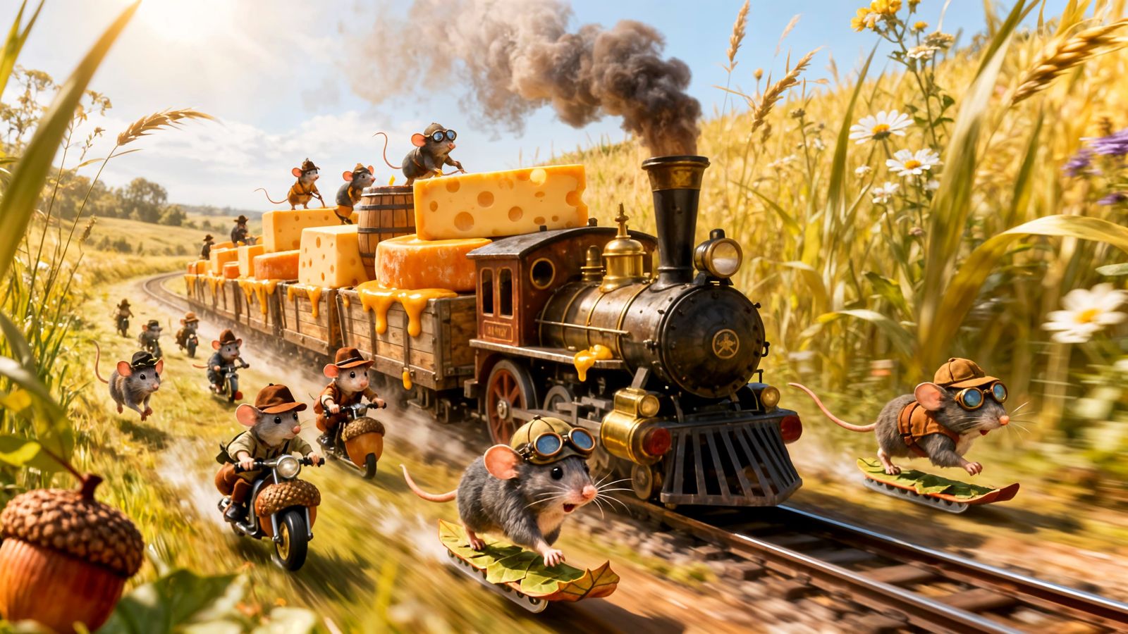 Mice Chase Cheese Train in Storybook Style