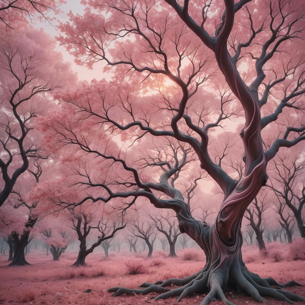Dreamlike Pink World with Glowing Tree