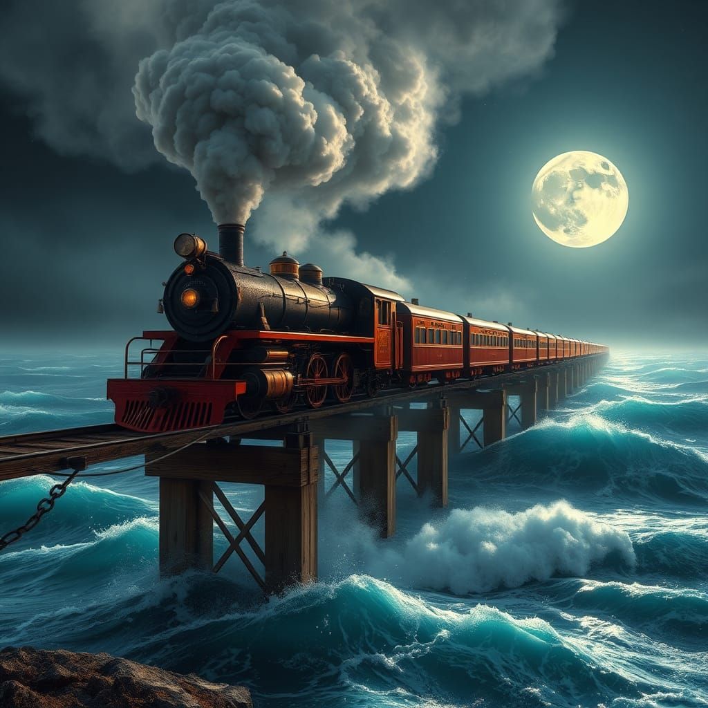 Vintage Steam Train Over Ocean in Matte Painting Style