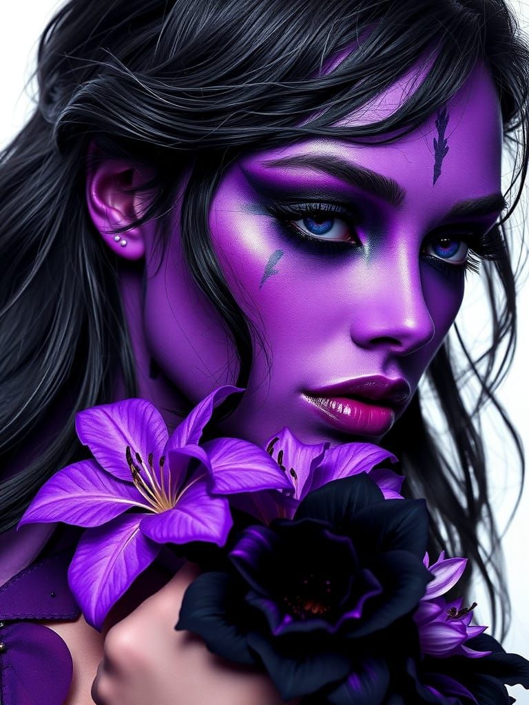 Violet Goddess in Vibrant Makeup and Flowers
