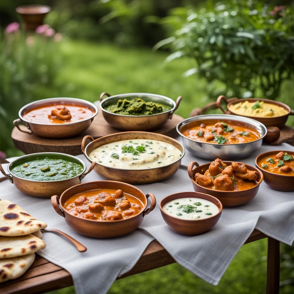 Naan, curries, raita, saag paneer, butter chicken, in small dishes on a table set in a garden