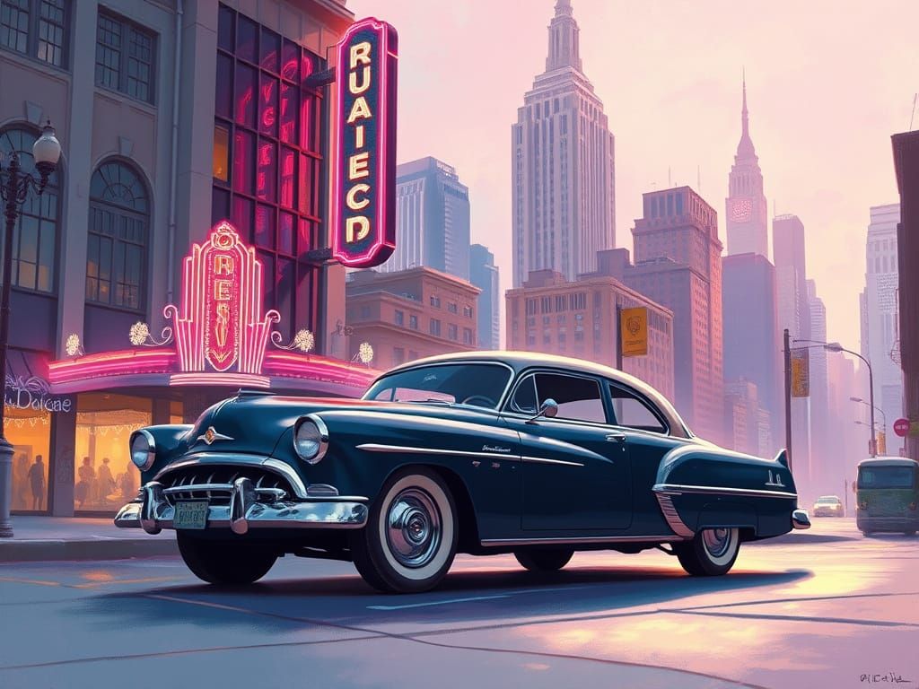 Vintage Car Under Shimmering Neon Sign in Dreamy Art Deco Ci...