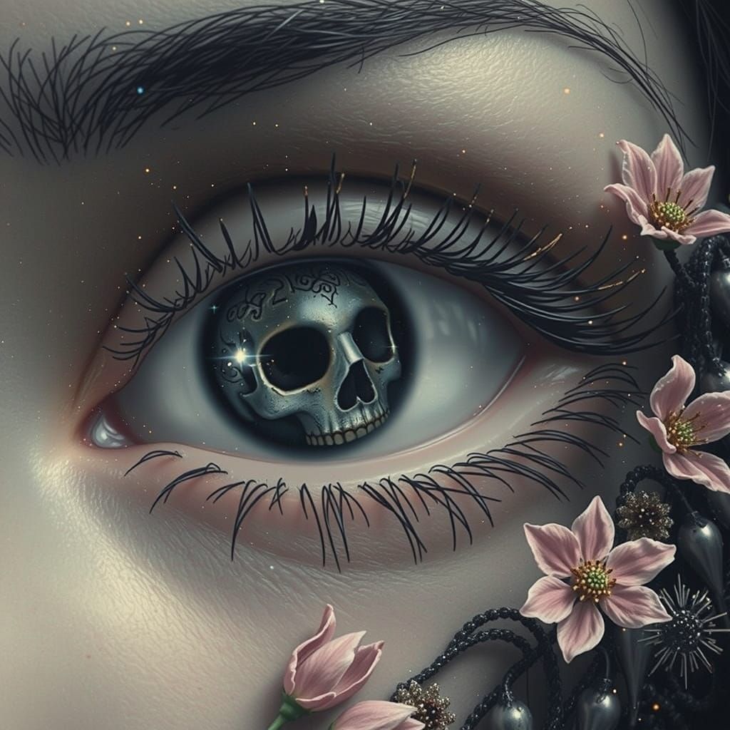 Ornate Skull Reflected in a Shimmering Eye