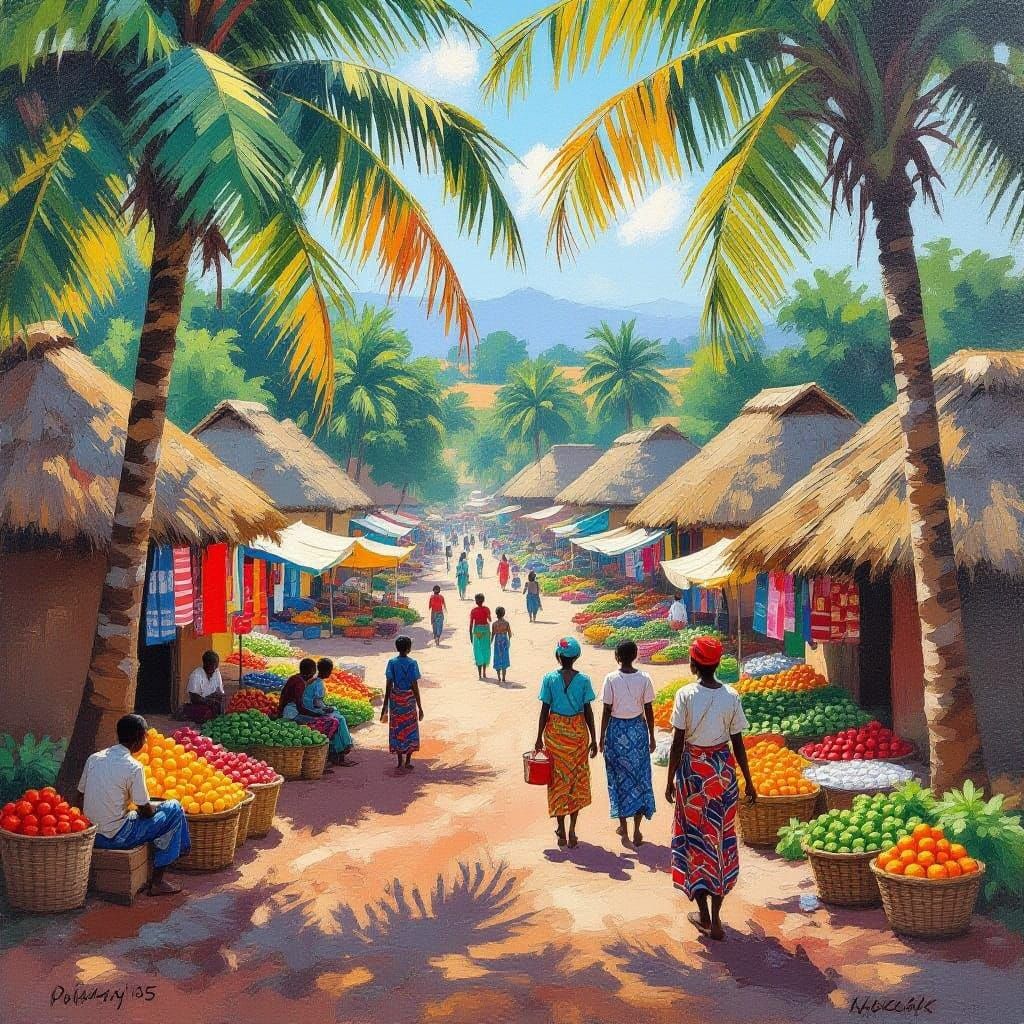 Vibrant Oil Painting of Rural Uganda Marketplace 1985