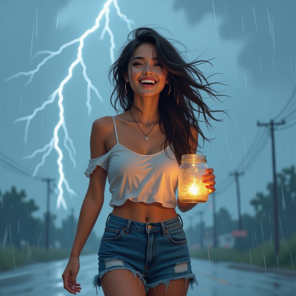 Woman Walks Barefoot Through Storm: Digital Art