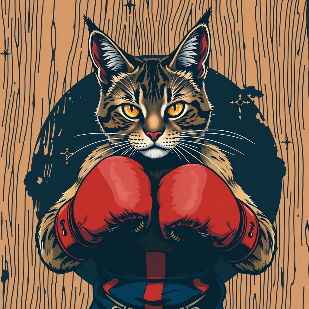 Rugged Maine Coon Cat in Distressed Boxers, Boxing Gloves, a...