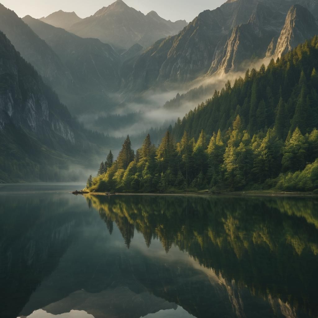 Panoramic Fantasy Landscape at Dawn in Golden Light